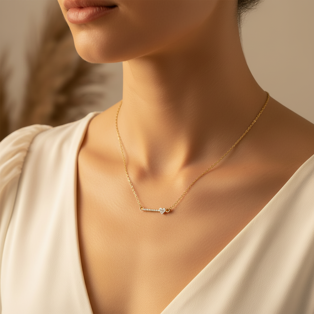 Collier barre petit cœur diamant
